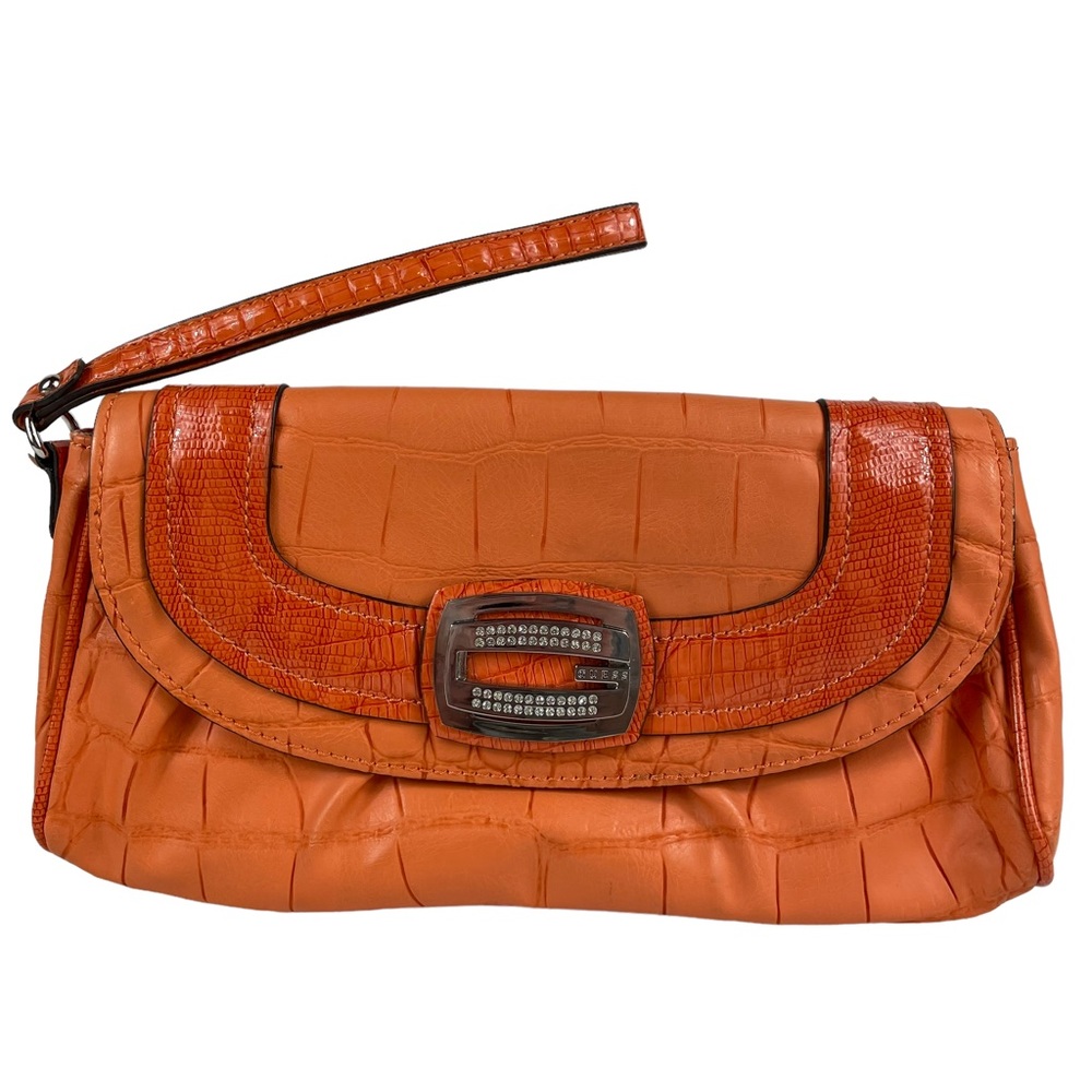 Guess Orange Floral Lined Carlisa Mini Clutch Handbag Purse Bling Snap Small Gem